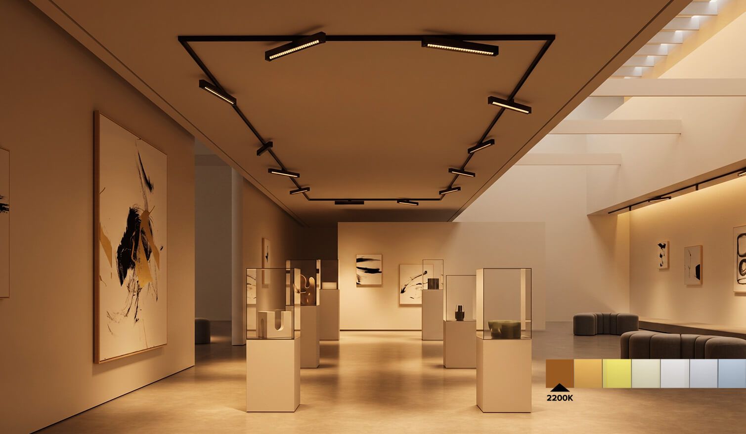 Muzeum s dlouhou chodbou a obrazy, osvětlené teplým světlem o teplotě 2200 K, které navozuje uklidňující atmosféru