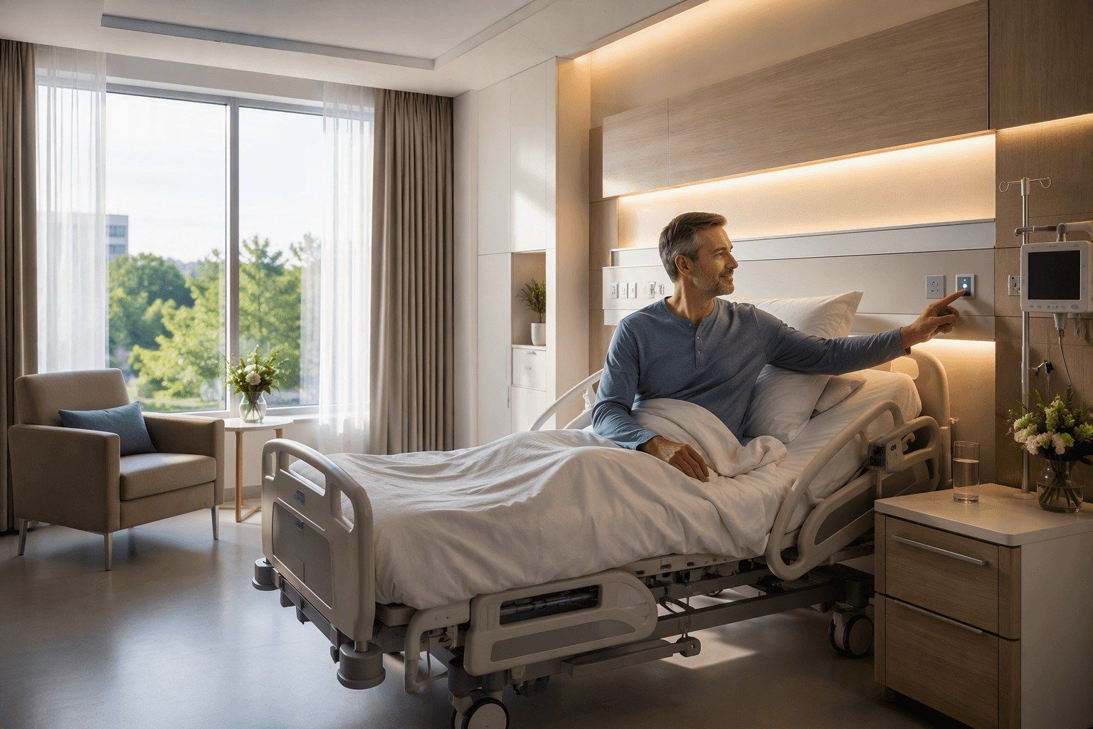 Pacient ovládá osvětlení u lůžka v moderním nemocničním pokoji, který byl navržen s ohledem na pohodlí a zážitky pacienta | Lumedic