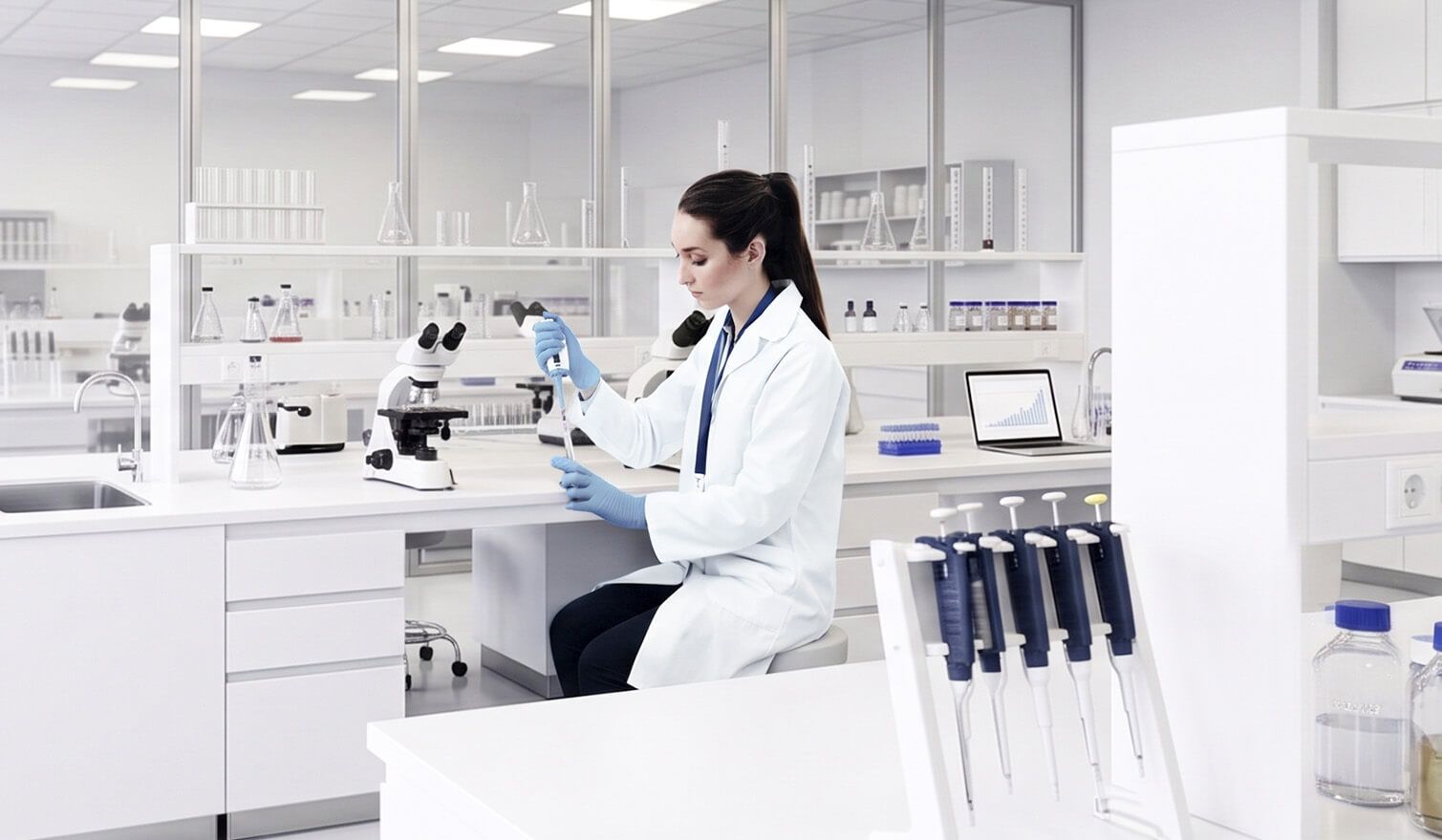 Laborantka v bílém plášti soustředěná na práci s mikroskopem ve světlé, profesionálně osvětlené laboratoři | Lumedic