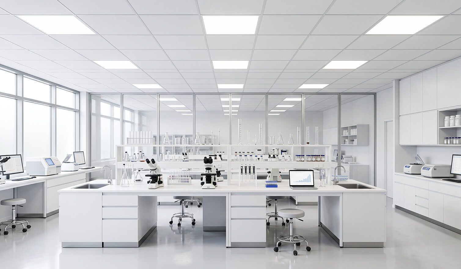 Laboratoř s bílými stoly a počítači, dobře osvětlená, vhodná pro přesné analýzy a pohodlnou práci | Lumedic