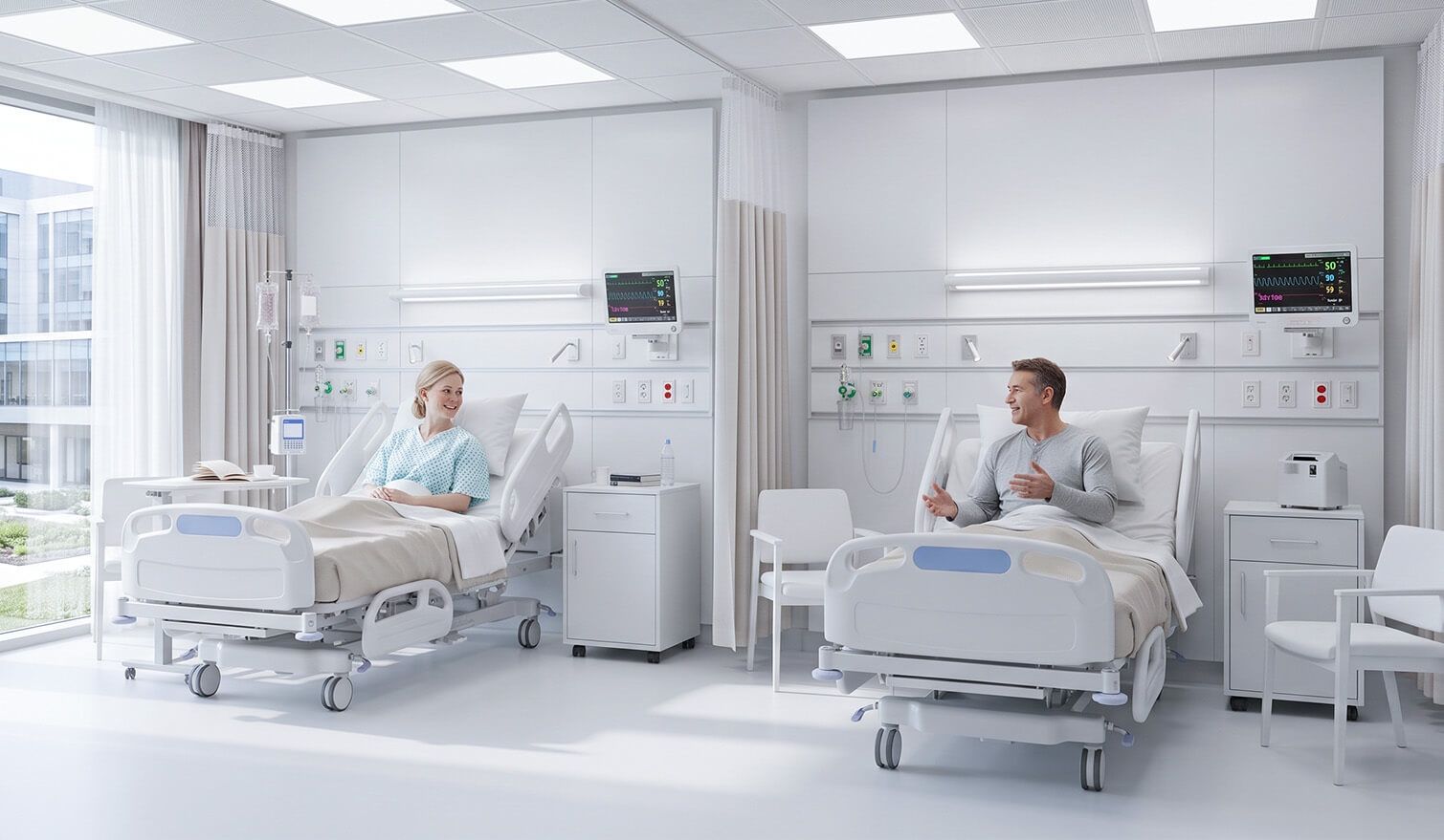 Nemocniční pokoj se dvěma lůžky, na jednom z nich sedí muž, prostor je dobře osvětlený a vytváří příjemnou atmosféru | Lumedic