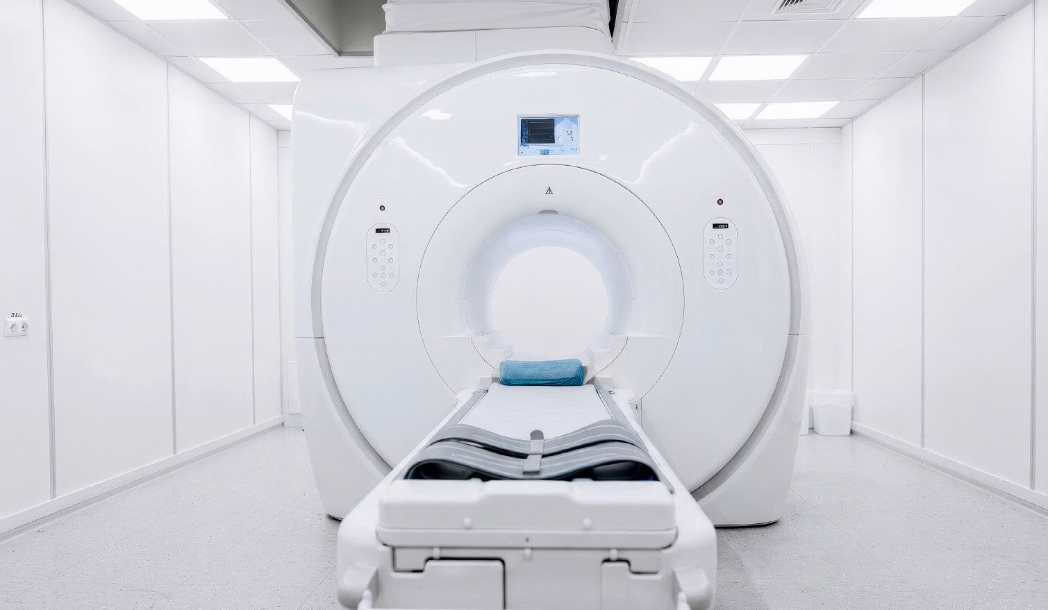 Bílá místnost s přístrojem MRI, dobře osvětlená, vytvářející klidnou atmosféru pro pacienty i zdravotnický personál