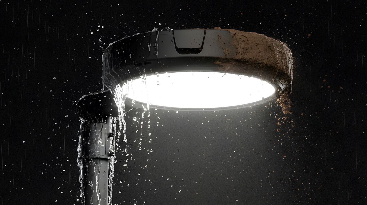 Pouliční lampa Skver LED S (Z1 MF) s vodou na povrchu, symbolizující výzvy spojené s ochranou infrastruktury v náročných podmínkách.