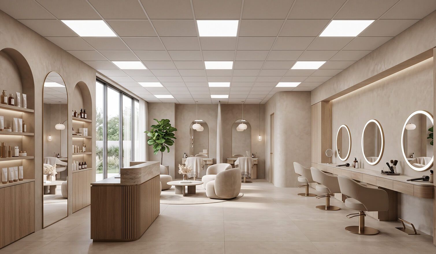Kosmetický salon s prostorným zrcadlem a elegantními křesly, který zajišťuje pohodlí a dokonalé osvětlení pro procedury | Lumedic
