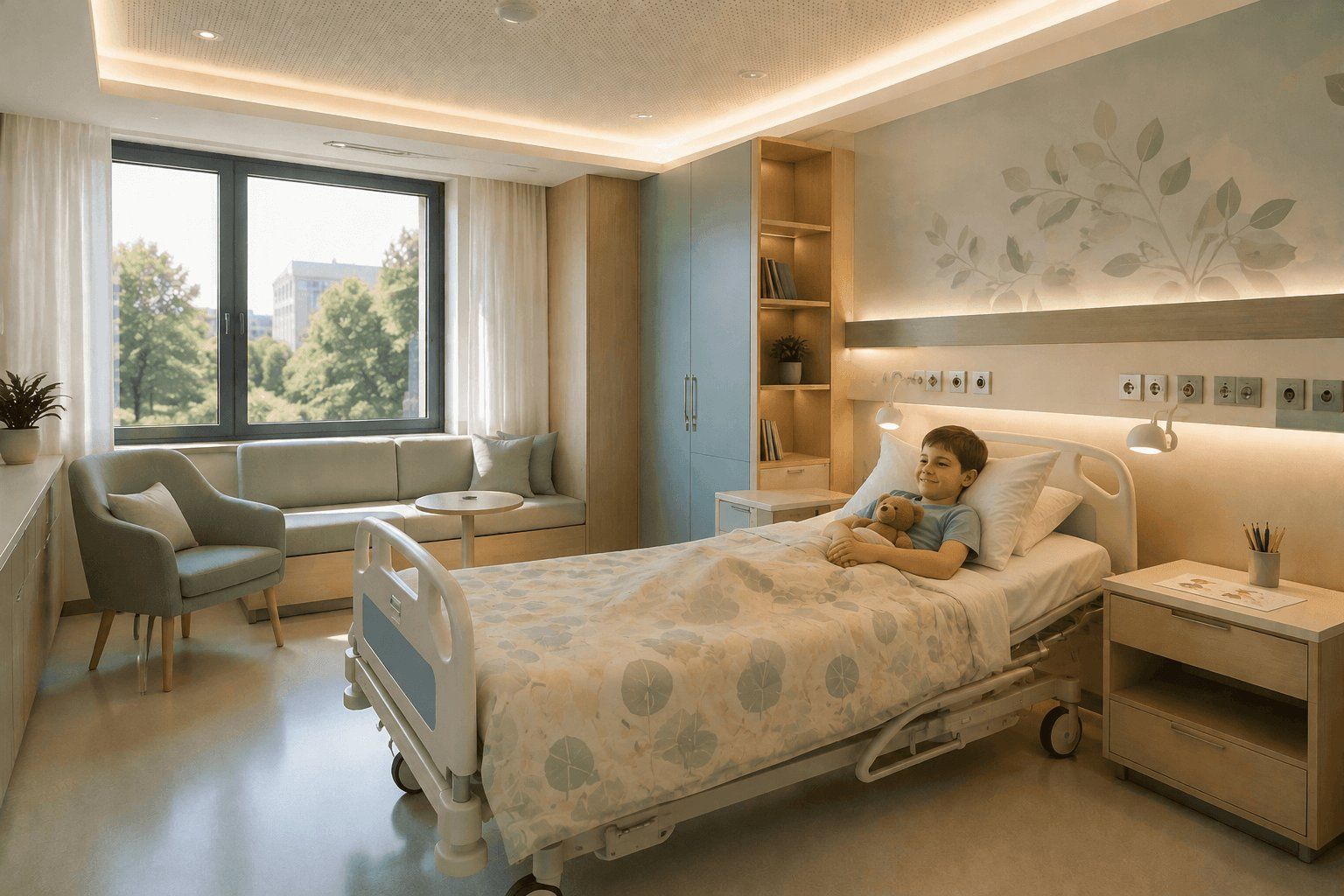 Moderní pediatrický pokoj s příjemným LED osvětlením, oknem s výhledem do zeleně a odpočinkovou zónou, která přispívá k pohodlí dítěte během rekonvalescence | Lumedic